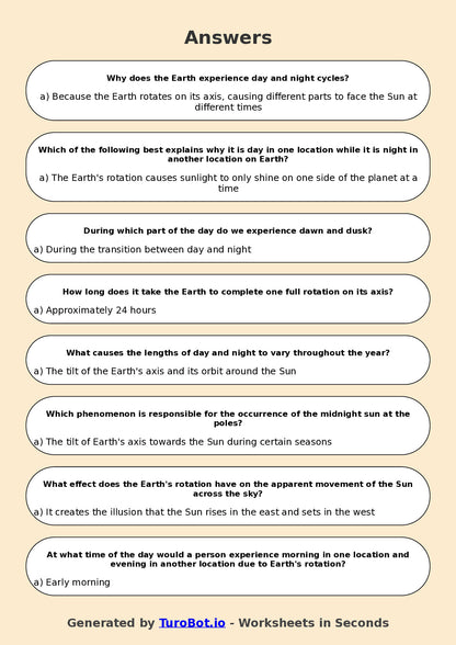 Year 6 Science Multiple Choice Worksheet – Earth Rotation and Day Night Cycle