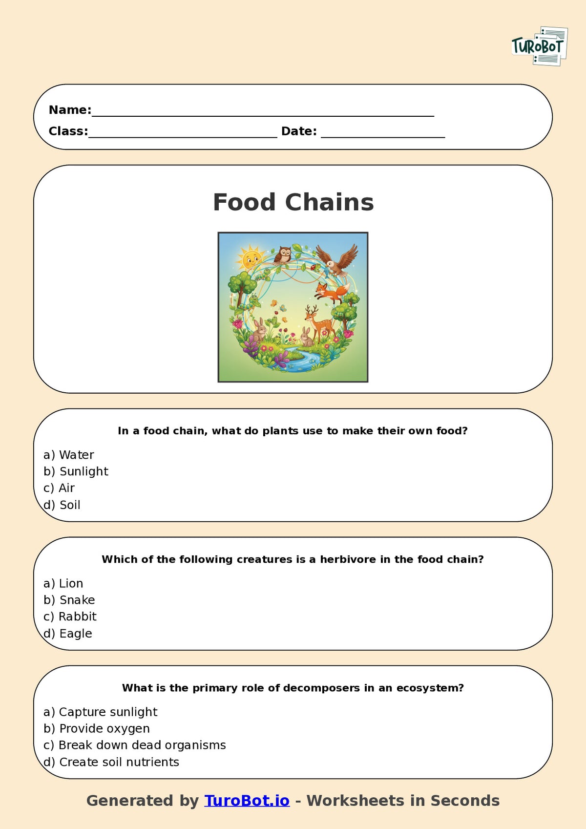 Year 6 Science Multiple Choice Worksheet – Food Chains and Ecosystems