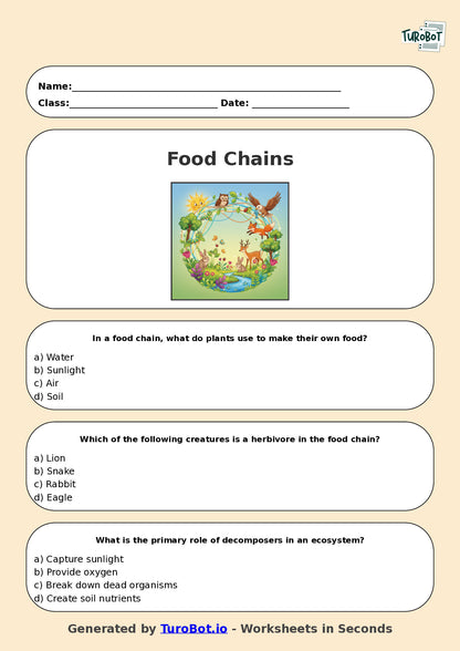 Year 6 Science Multiple Choice Worksheet – Food Chains and Ecosystems