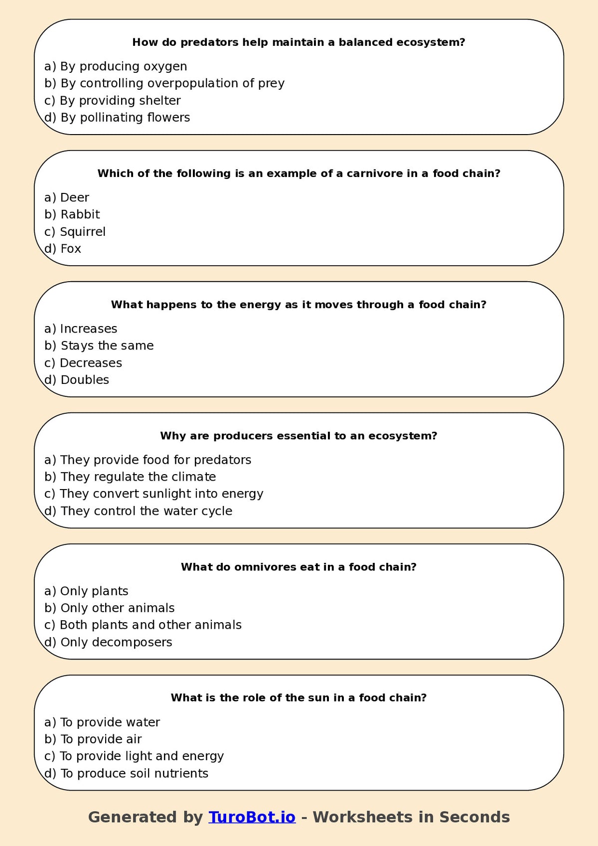 Year 6 Science Multiple Choice Worksheet – Food Chains and Ecosystems