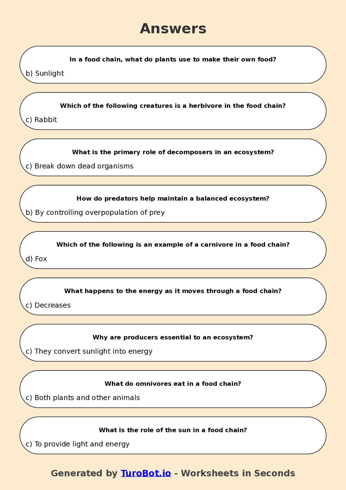 Year 6 Science Multiple Choice Worksheet – Food Chains and Ecosystems