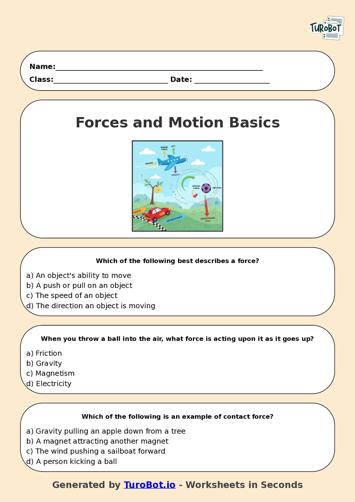 Year 6 Science Multiple Choice Worksheet – Forces and Motion Basics