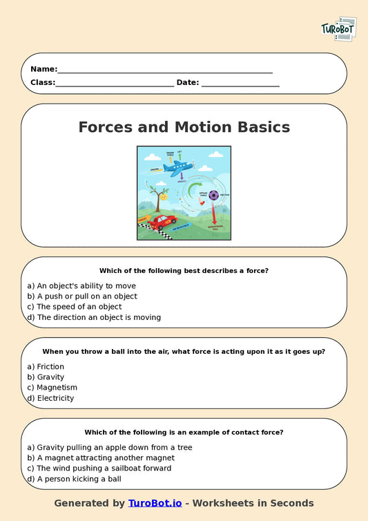Year 6 Science Multiple Choice Worksheet – Forces and Motion Basics