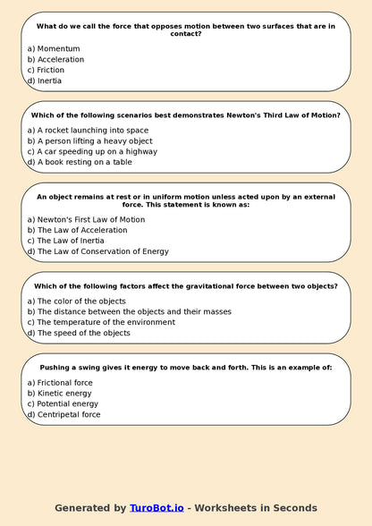 Year 6 Science Multiple Choice Worksheet – Forces and Motion Basics