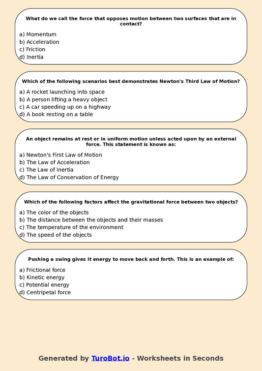 Year 6 Science Multiple Choice Worksheet – Forces and Motion Basics