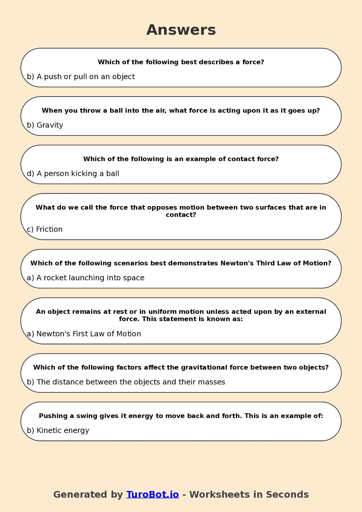 Year 6 Science Multiple Choice Worksheet – Forces and Motion Basics