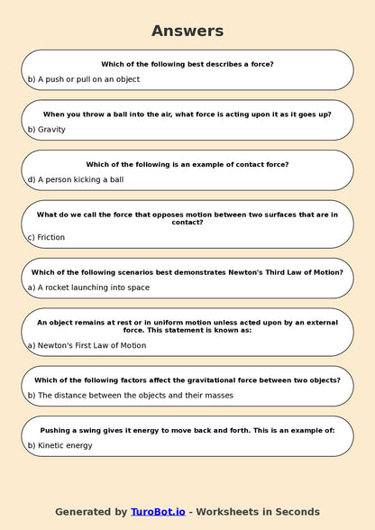 Year 6 Science Multiple Choice Worksheet – Forces and Motion Basics