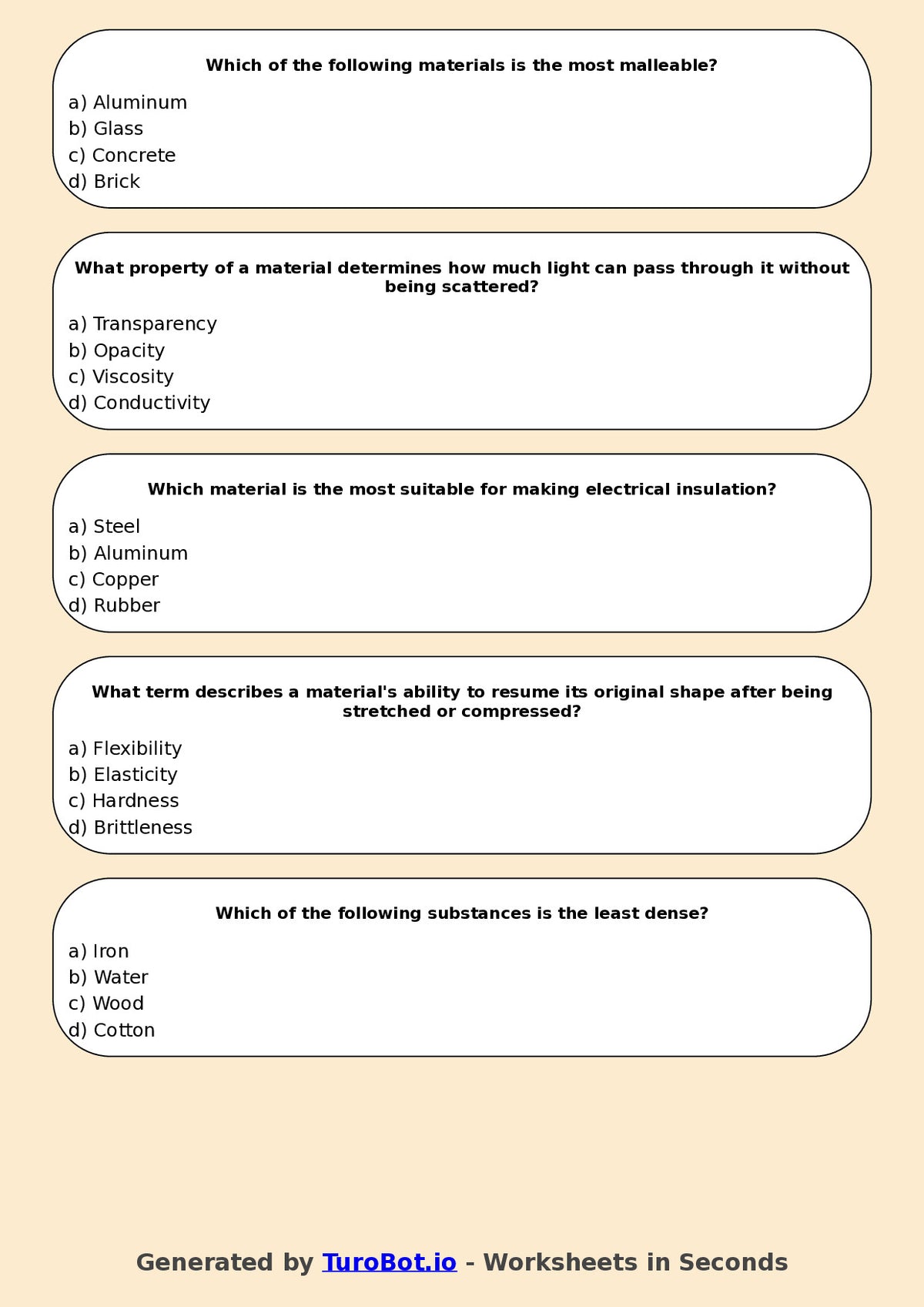 Year 6 Science Multiple Choice Worksheet – Properties of Materials