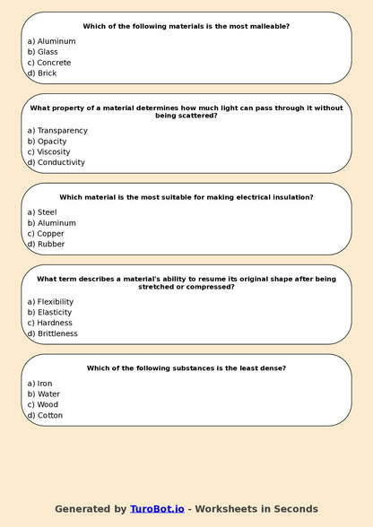 Year 6 Science Multiple Choice Worksheet – Properties of Materials