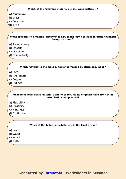 Year 6 Science Multiple Choice Worksheet – Properties of Materials