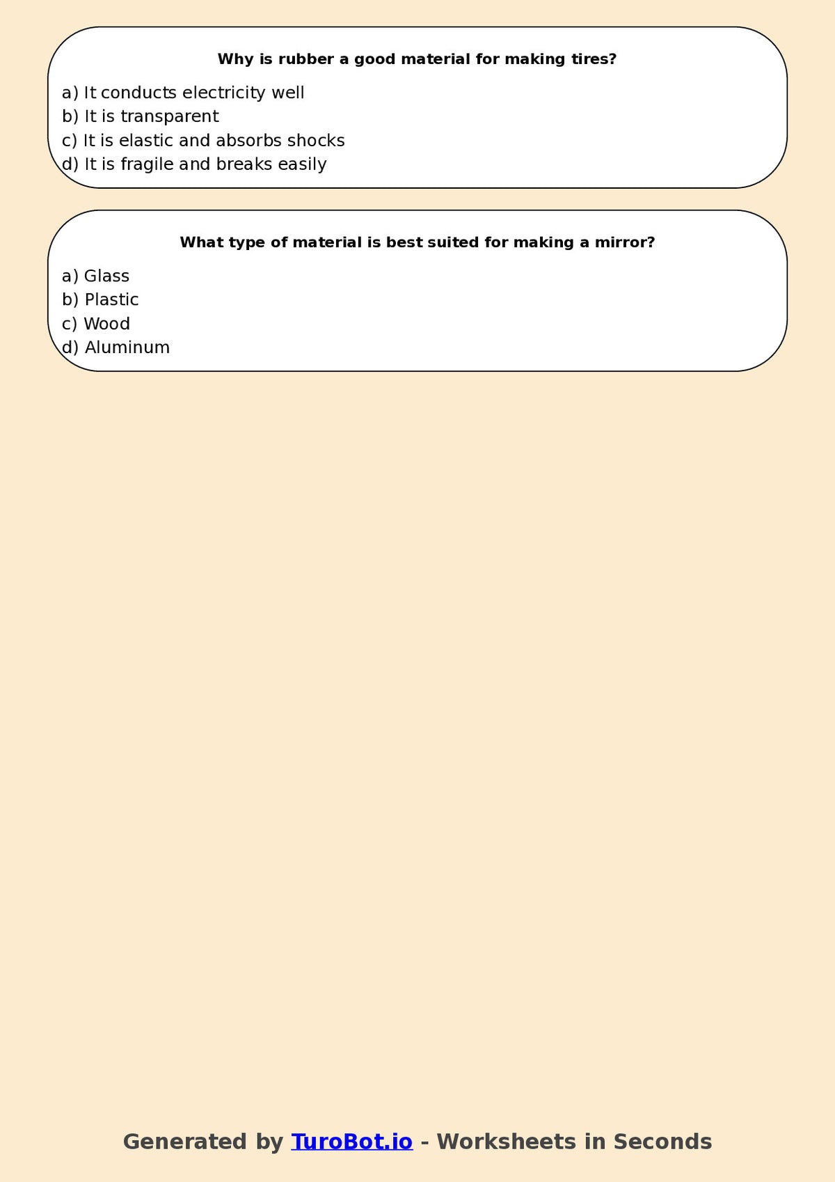 Year 6 Science Multiple Choice Worksheet – Properties of Materials