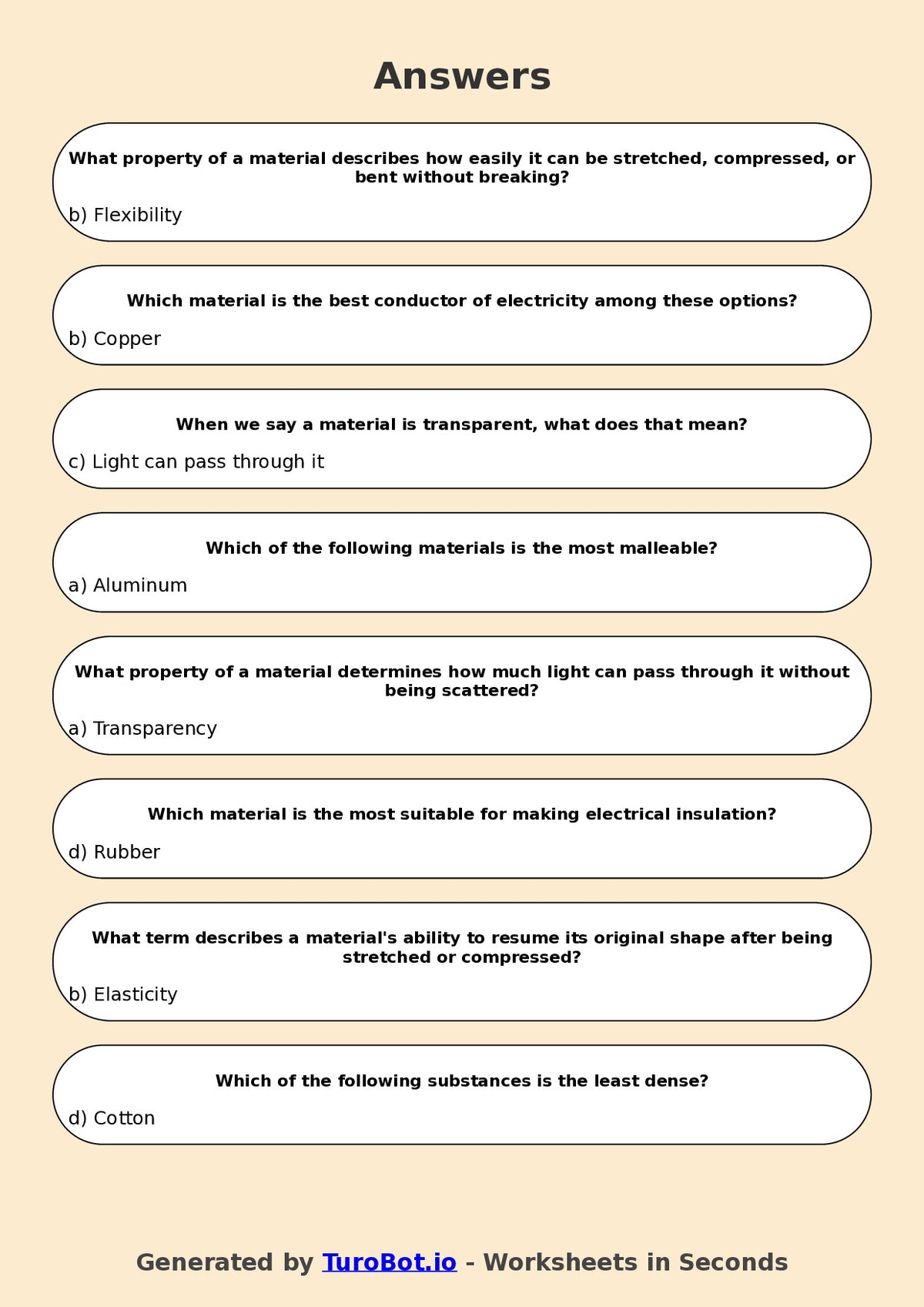 Year 6 Science Multiple Choice Worksheet – Properties of Materials