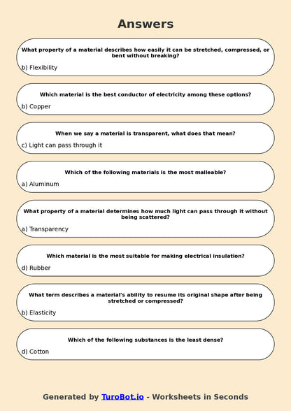 Year 6 Science Multiple Choice Worksheet – Properties of Materials