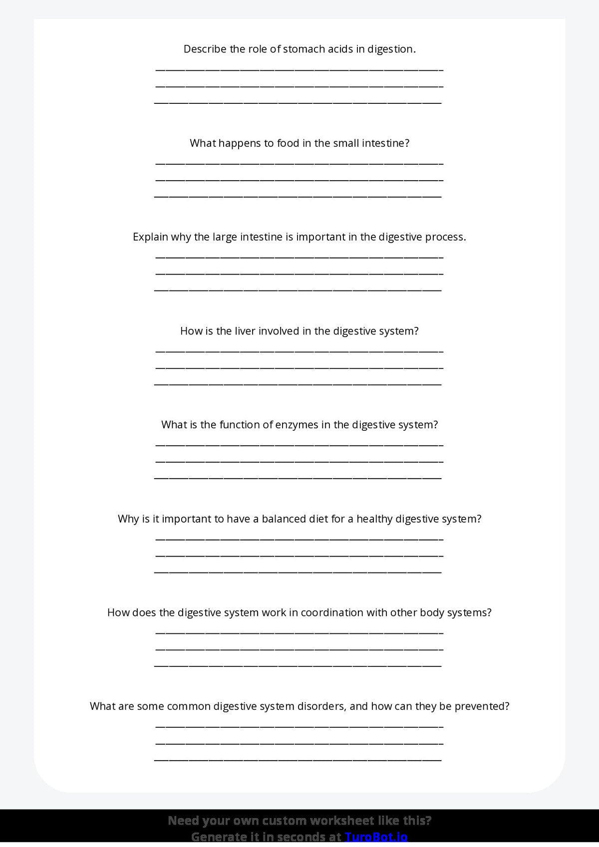 Free Worksheet - Year 6 Science The Human Digestive System Short Answer Response