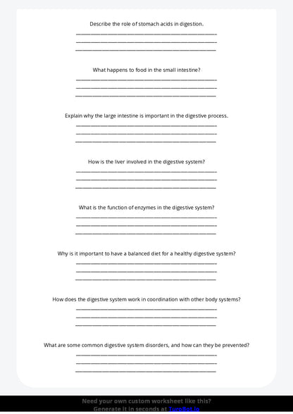 Free Worksheet - Year 6 Science The Human Digestive System Short Answer Response