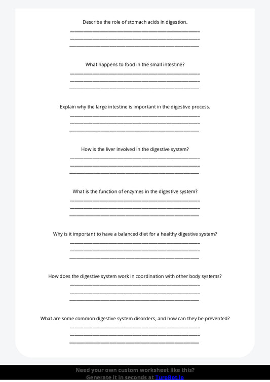 Free Worksheet - Year 6 Science The Human Digestive System Short Answer Response