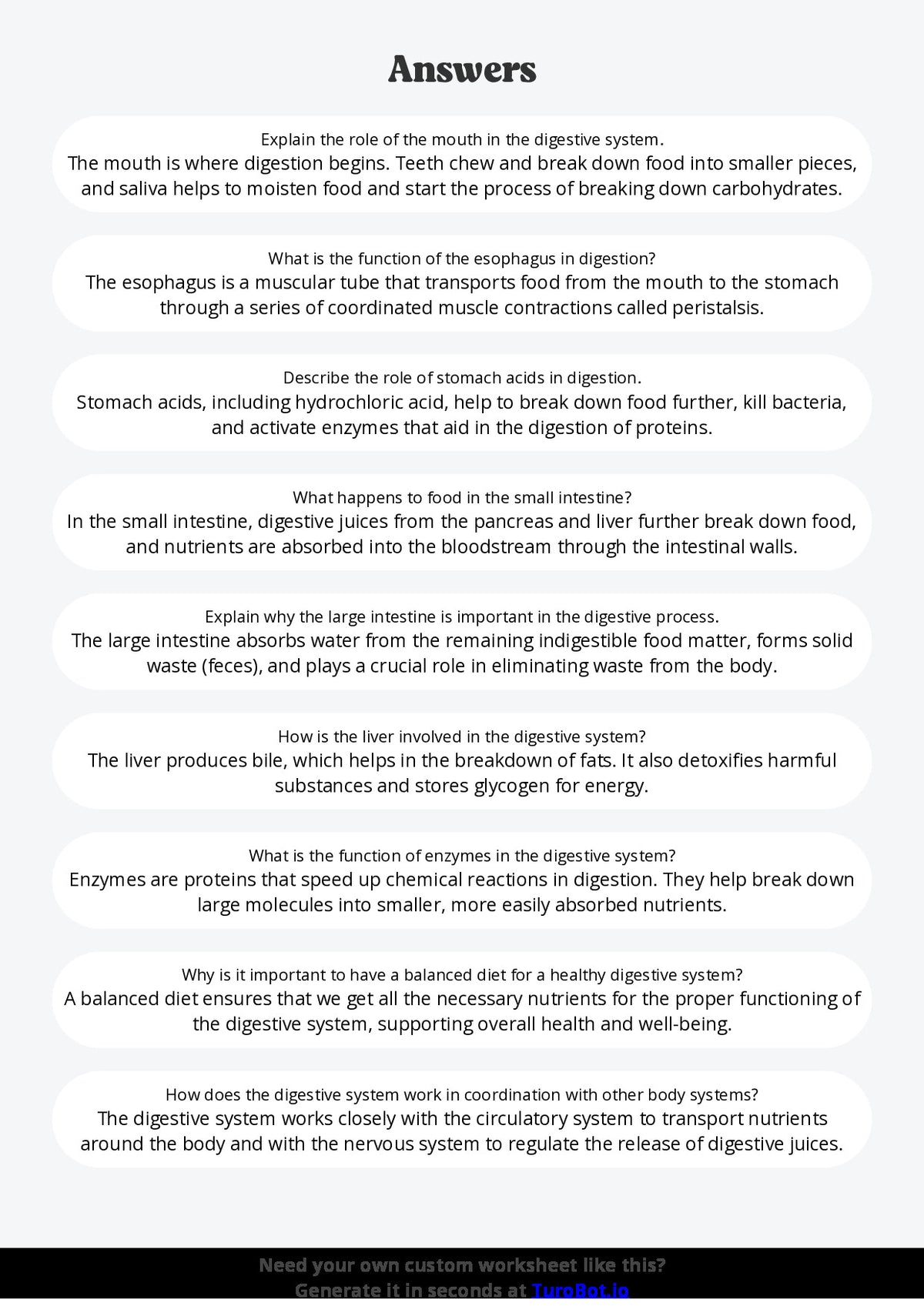 Free Worksheet - Year 6 Science The Human Digestive System Short Answer Response