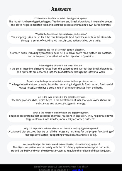 Free Worksheet - Year 6 Science The Human Digestive System Short Answer Response