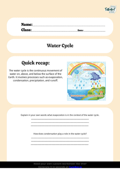 Free Worksheet - Year 6 Science Understanding the Water Cycle Short Answer Response