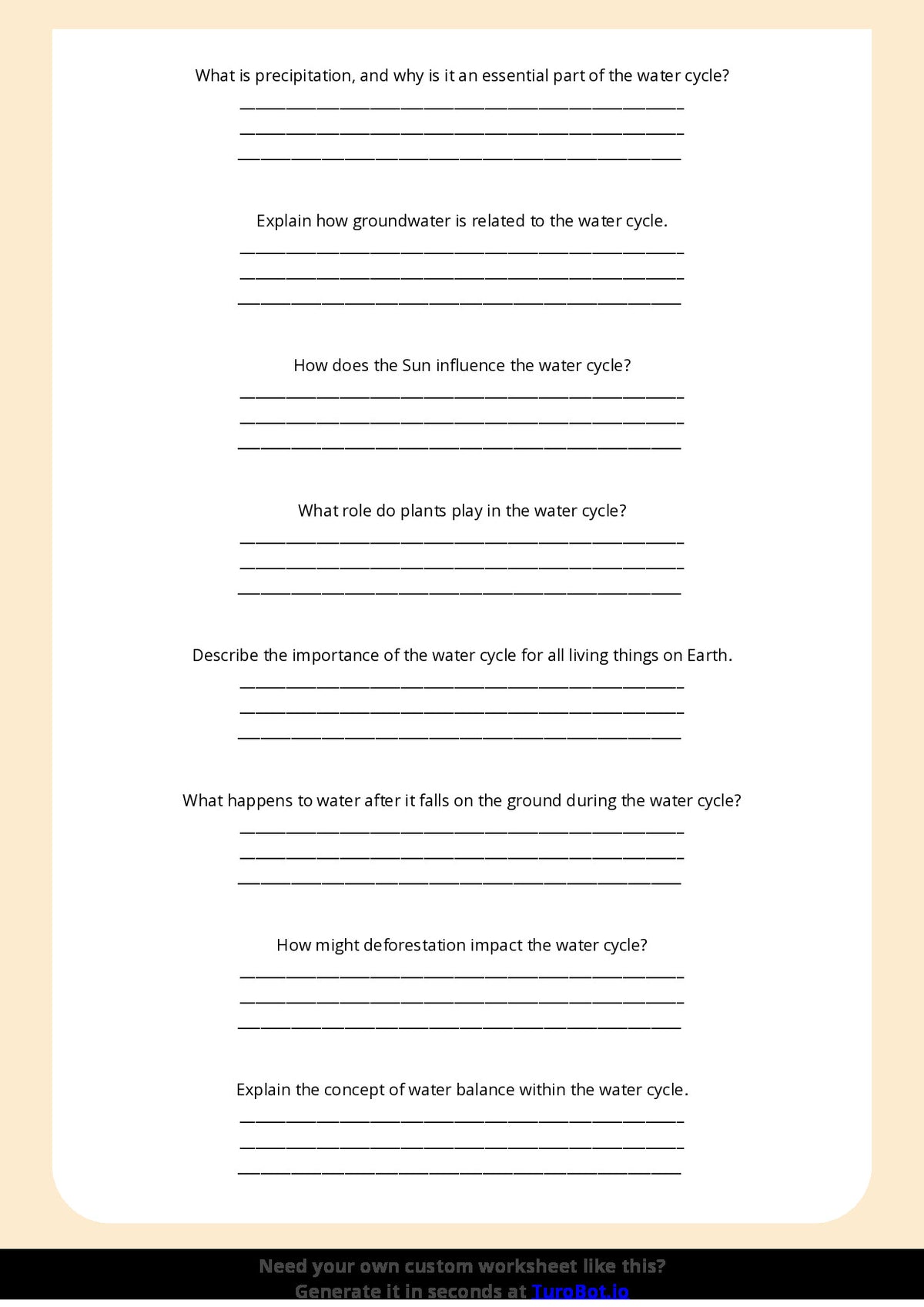 Free Worksheet - Year 6 Science Understanding the Water Cycle Short Answer Response
