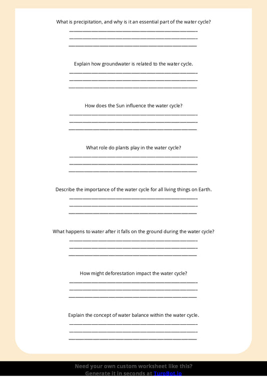 Free Worksheet - Year 6 Science Understanding the Water Cycle Short Answer Response