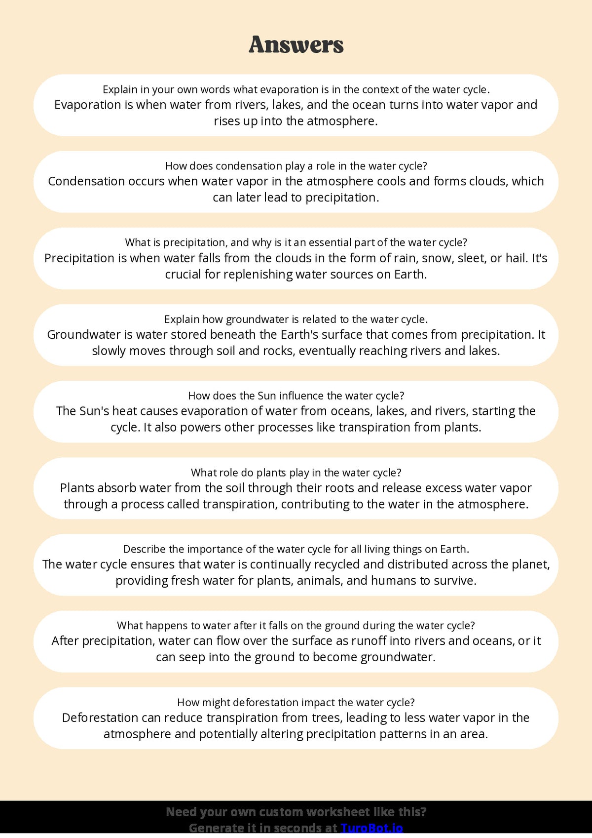 Free Worksheet - Year 6 Science Understanding the Water Cycle Short Answer Response