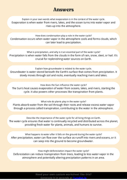 Free Worksheet - Year 6 Science Understanding the Water Cycle Short Answer Response