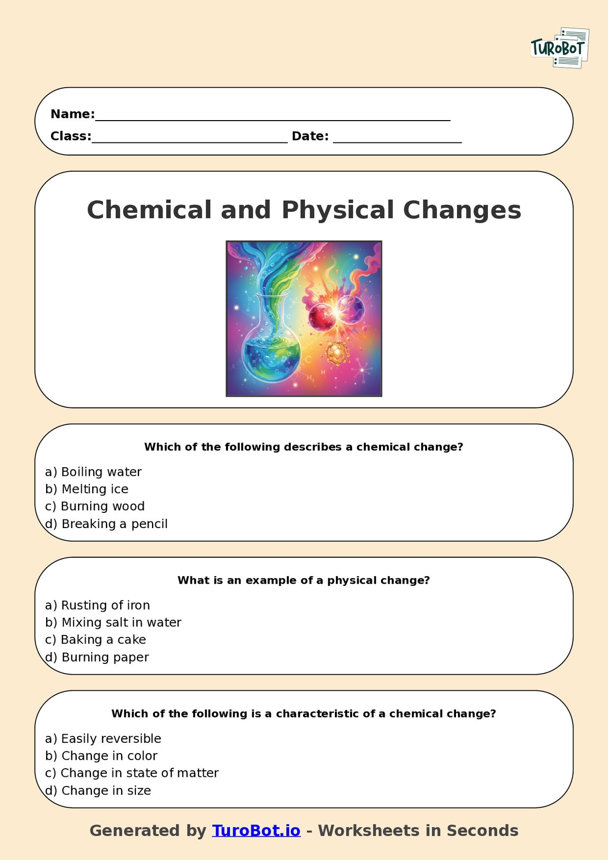 Year 7 Science Multiple Choice Worksheet – Chemical and Physical Changes