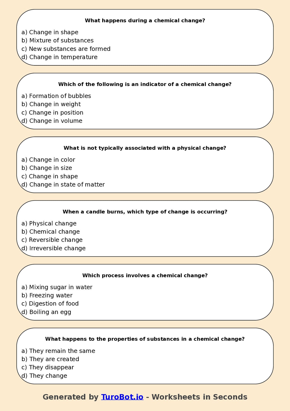 Year 7 Science Multiple Choice Worksheet – Chemical and Physical Changes