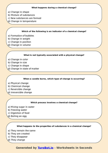 Year 7 Science Multiple Choice Worksheet – Chemical and Physical Changes