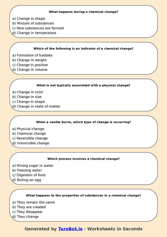 Year 7 Science Multiple Choice Worksheet – Chemical and Physical Changes