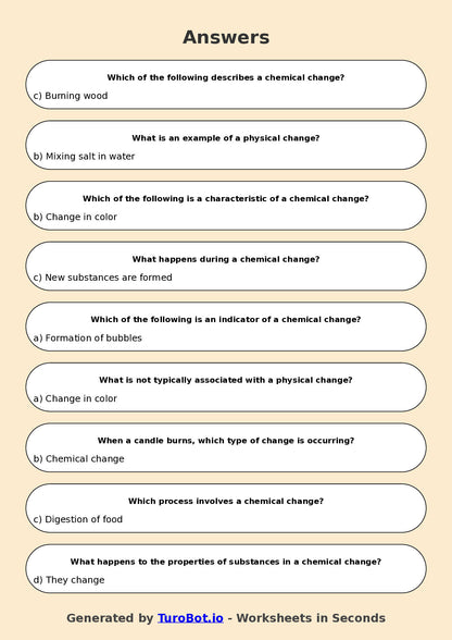 Year 7 Science Multiple Choice Worksheet – Chemical and Physical Changes