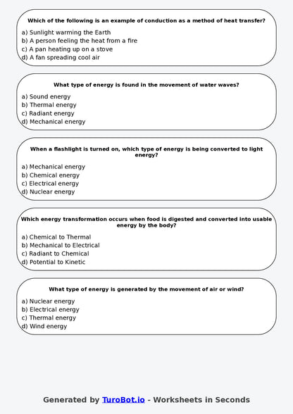 Year 7 Science Multiple Choice Worksheet – Energy Types and Transfers