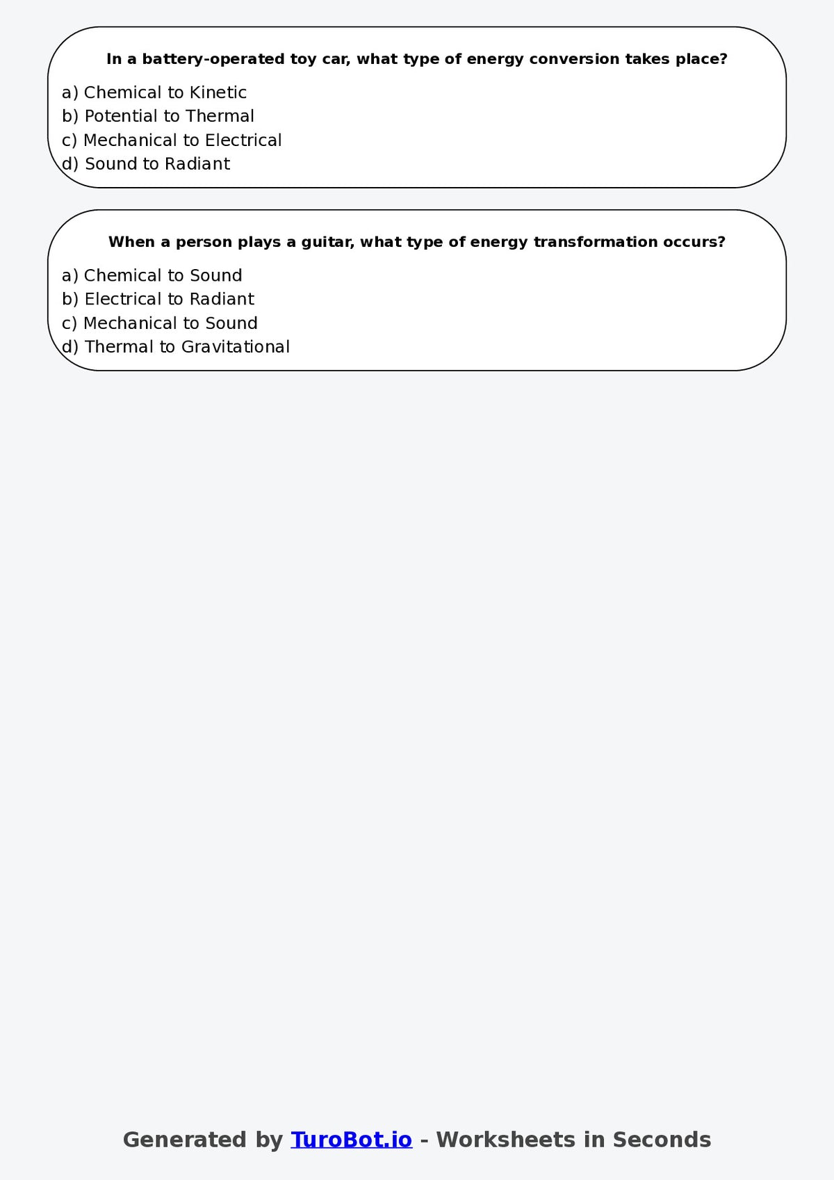 Year 7 Science Multiple Choice Worksheet – Energy Types and Transfers