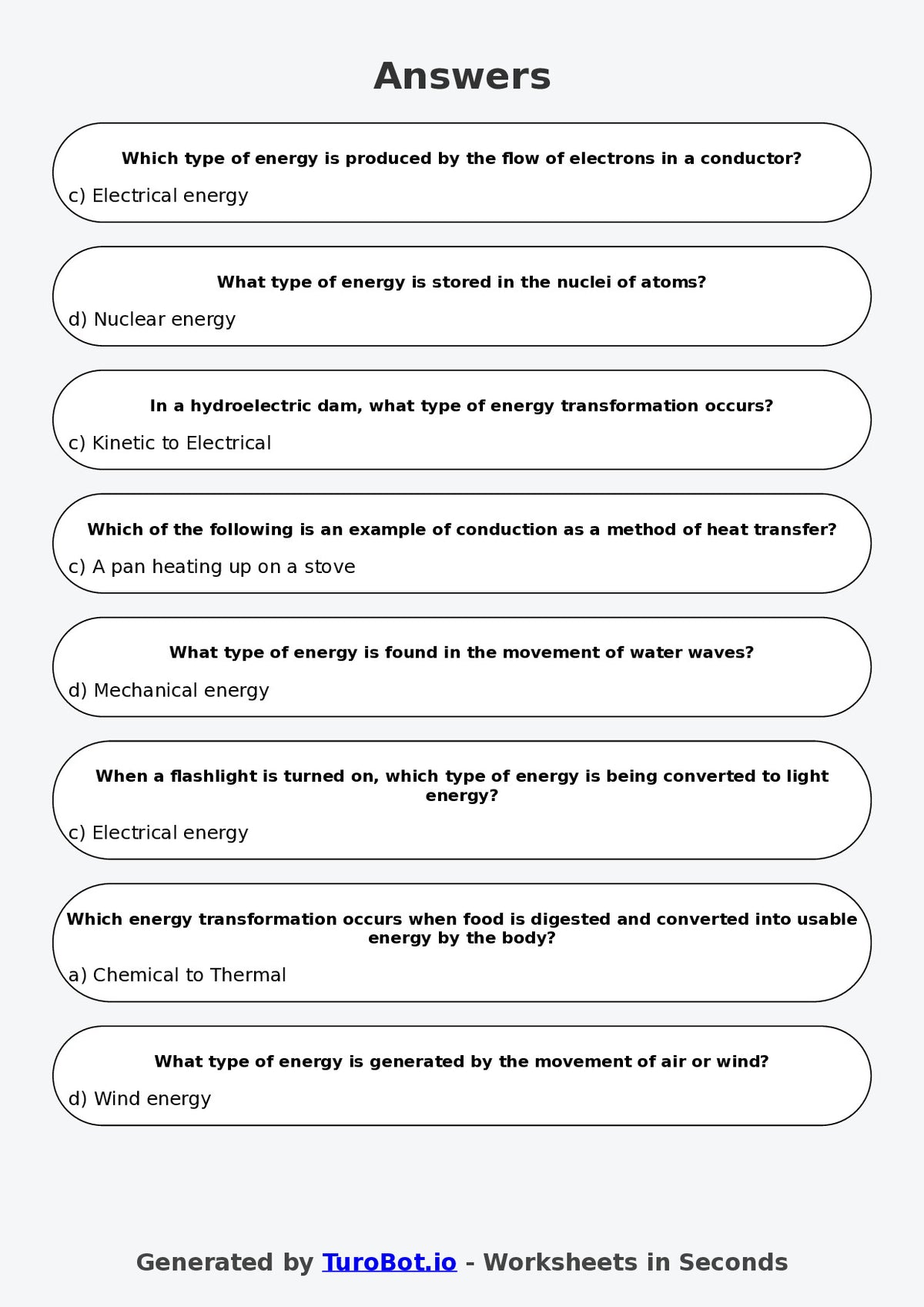 Year 7 Science Multiple Choice Worksheet – Energy Types and Transfers