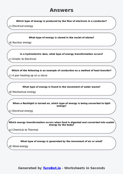 Year 7 Science Multiple Choice Worksheet – Energy Types and Transfers