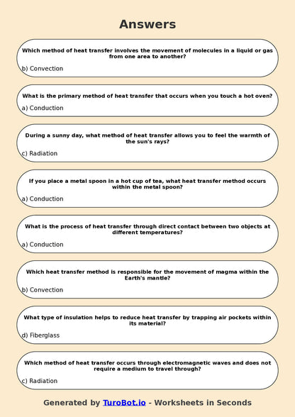 Year 7 Science Multiple Choice Worksheet – Heat Transfer Methods