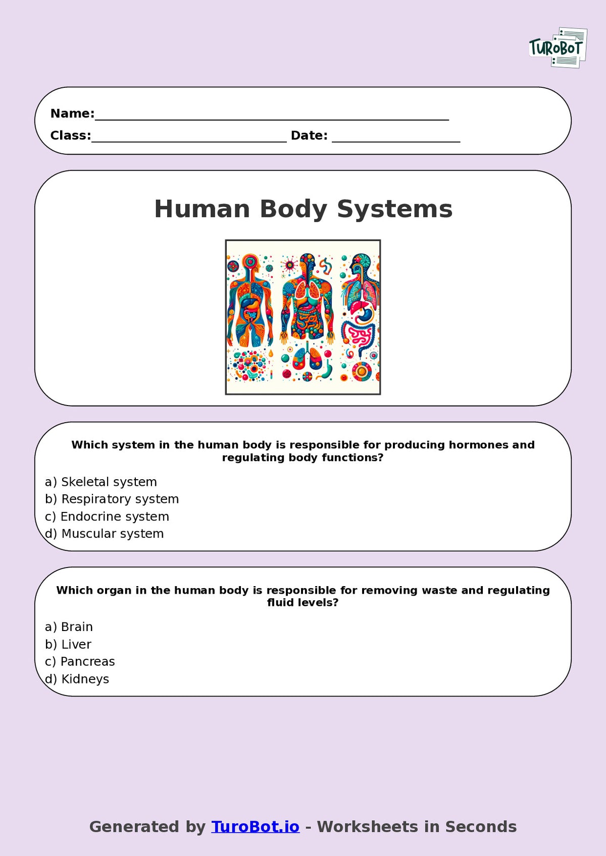 Year 7 Science Multiple Choice Worksheet – Human Body Systems