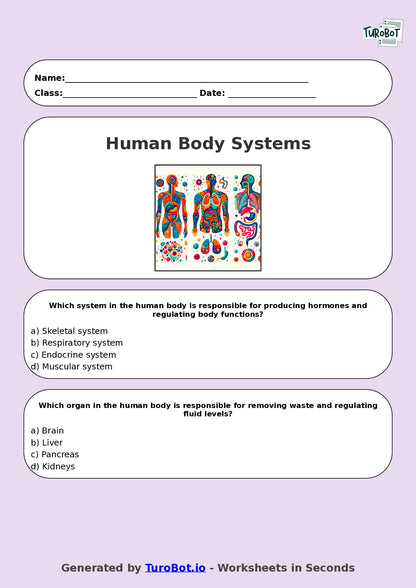 Year 7 Science Multiple Choice Worksheet – Human Body Systems