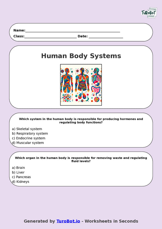 Year 7 Science Multiple Choice Worksheet – Human Body Systems