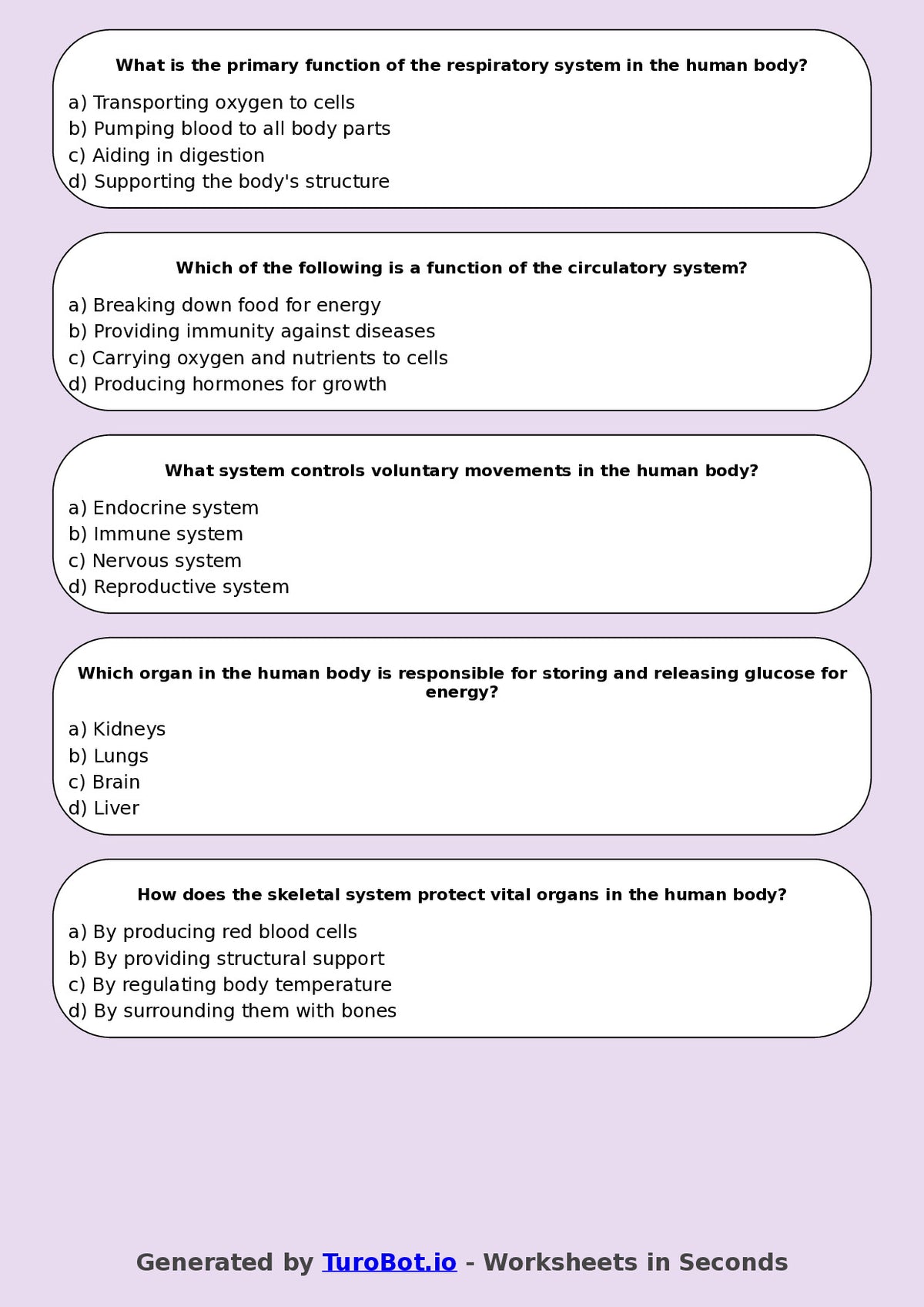 Year 7 Science Multiple Choice Worksheet – Human Body Systems