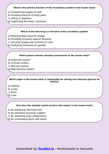 Year 7 Science Multiple Choice Worksheet – Human Body Systems