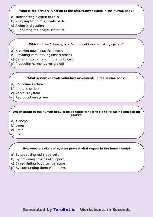 Year 7 Science Multiple Choice Worksheet – Human Body Systems
