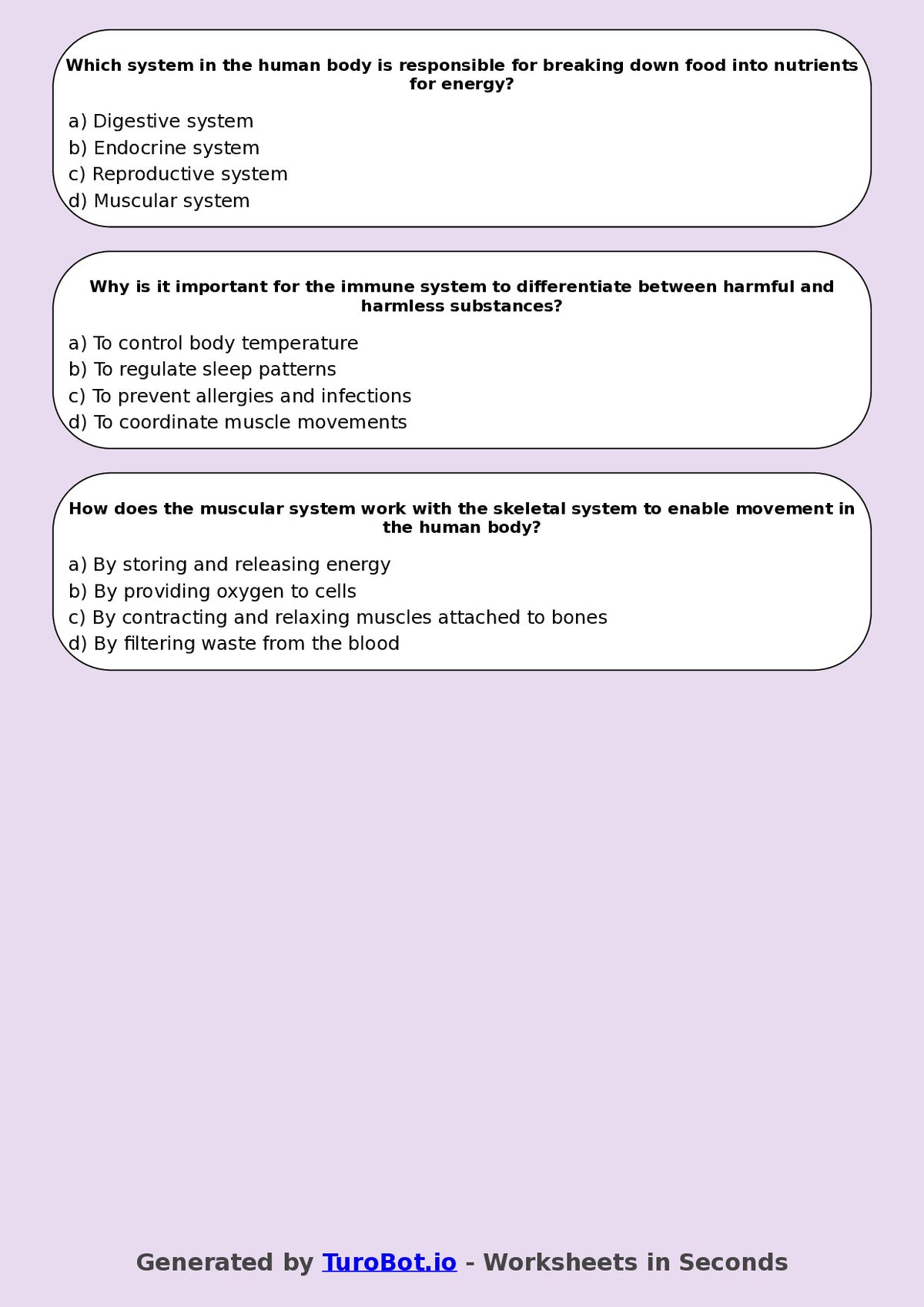 Year 7 Science Multiple Choice Worksheet – Human Body Systems