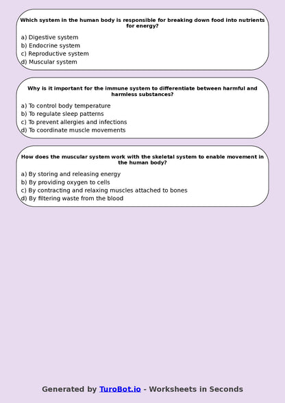 Year 7 Science Multiple Choice Worksheet – Human Body Systems