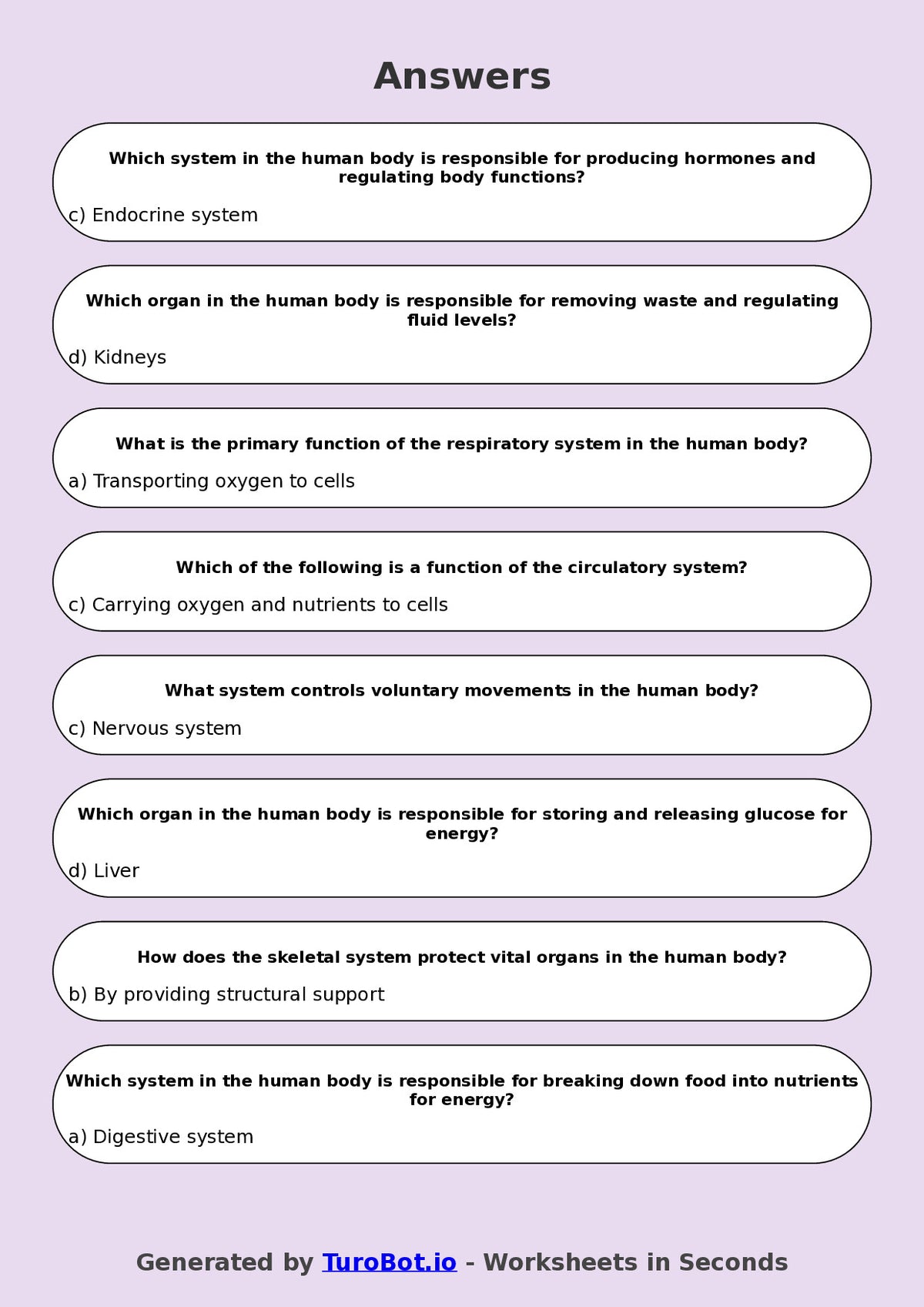 Year 7 Science Multiple Choice Worksheet – Human Body Systems
