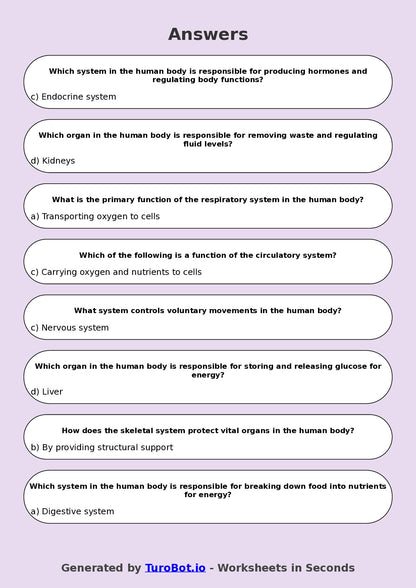 Year 7 Science Multiple Choice Worksheet – Human Body Systems