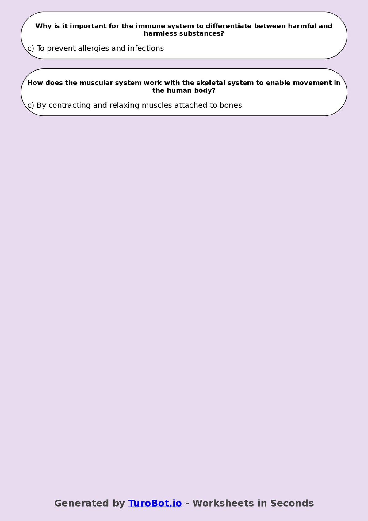 Year 7 Science Multiple Choice Worksheet – Human Body Systems