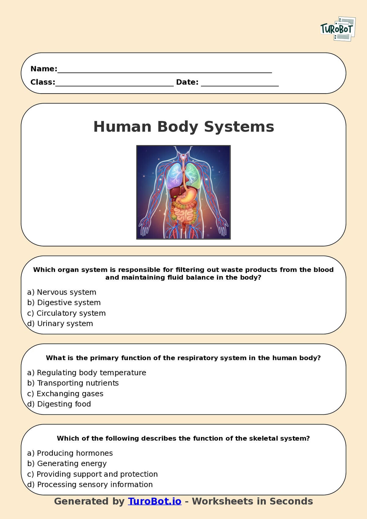 Year 7 Science Multiple Choice Worksheet – Human Body Systems Overview