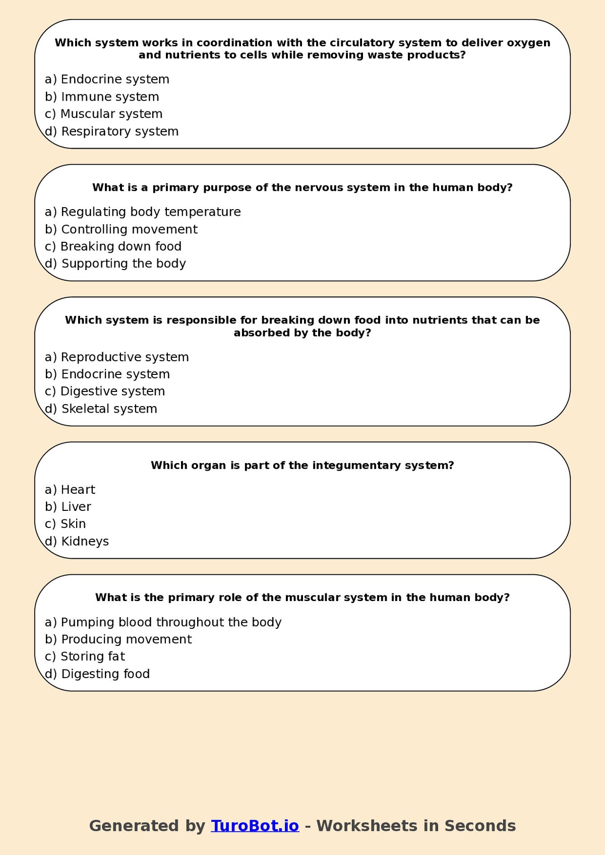 Year 7 Science Multiple Choice Worksheet – Human Body Systems Overview